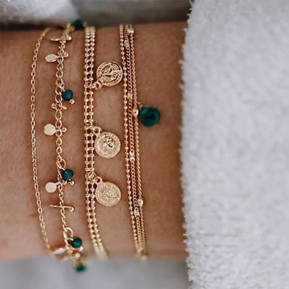 Gold Chain Bead Crystal Boho Bracelet Set - Picture 1 of 6